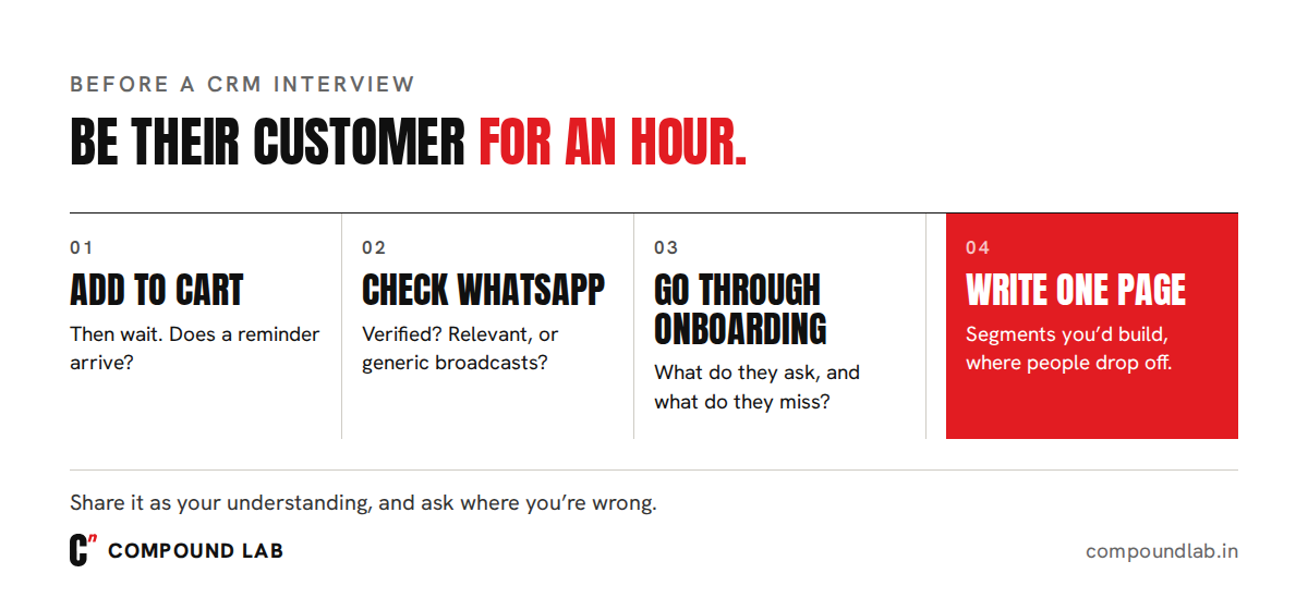 Before a CRM interview, be their customer for an hour: add to cart, check their WhatsApp, go through onboarding, then write a one-page note