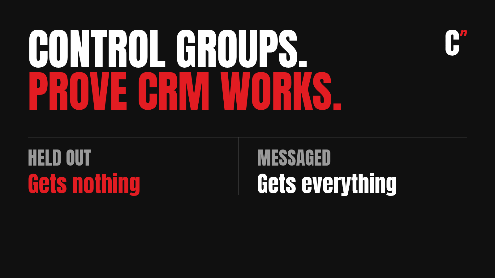 Global control group guide: a small random slice of all users gets no marketing, so you can measure what CRM adds