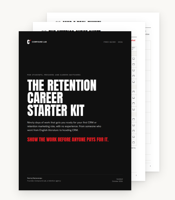 The retention career starter kit: the black cover, with the metrics cheat sheet and the funnel map behind it