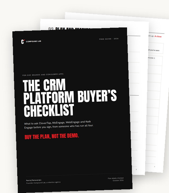 The CRM platform buyer’s checklist: the black cover, with pages of questions and the shortlist scorecard behind it