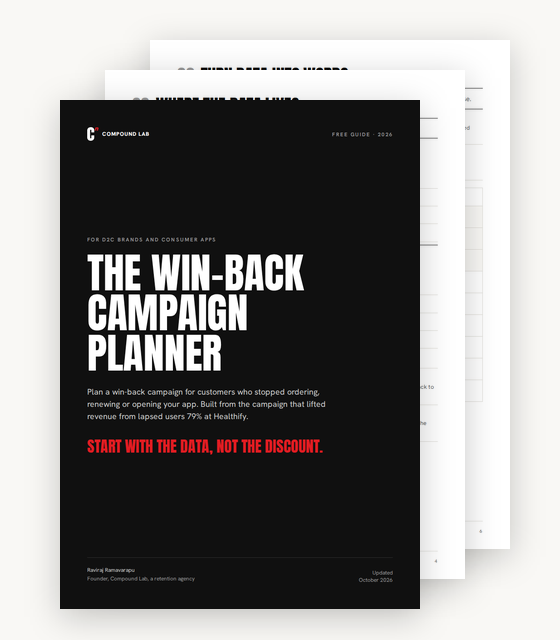 The win-back campaign planner: the black cover, with the where-the-data-lives page and the data-to-words worksheet behind it