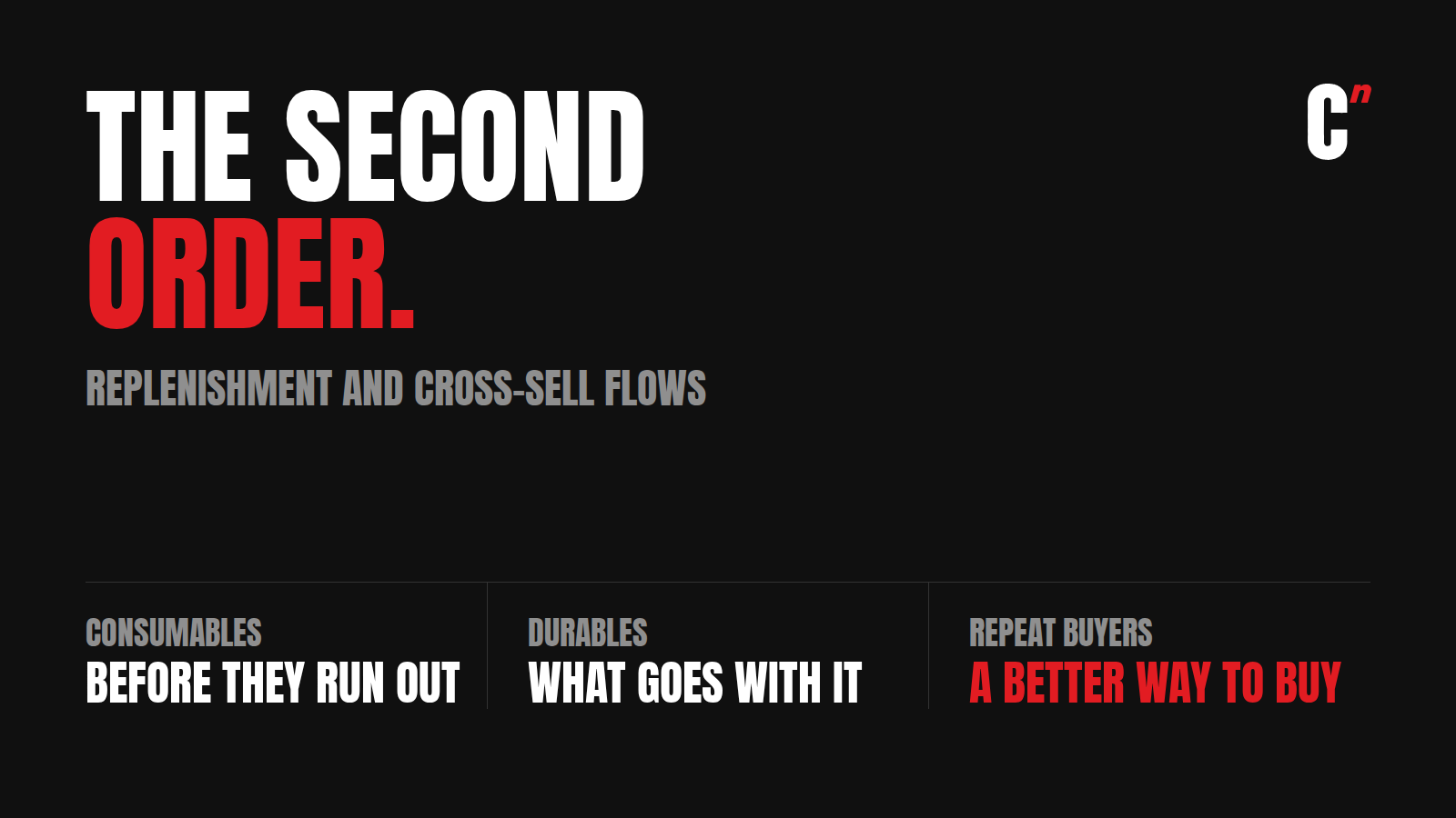 Replenishment and cross-sell flows: remind them before they run out, and offer what goes with what they bought