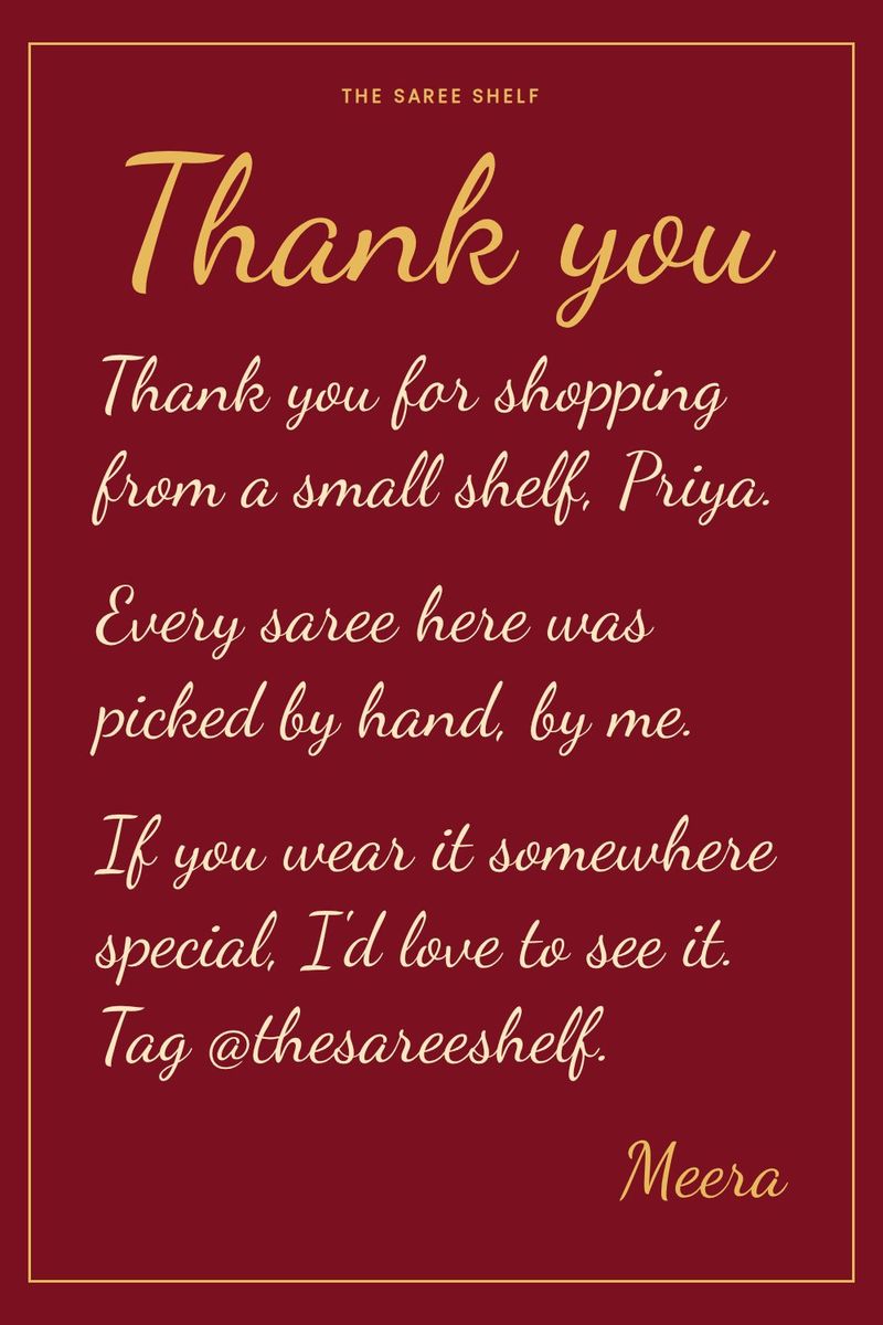 Small business thank you card in deep red with script lettering: "Thank you for shopping from a small shelf. Every saree here was picked by hand."