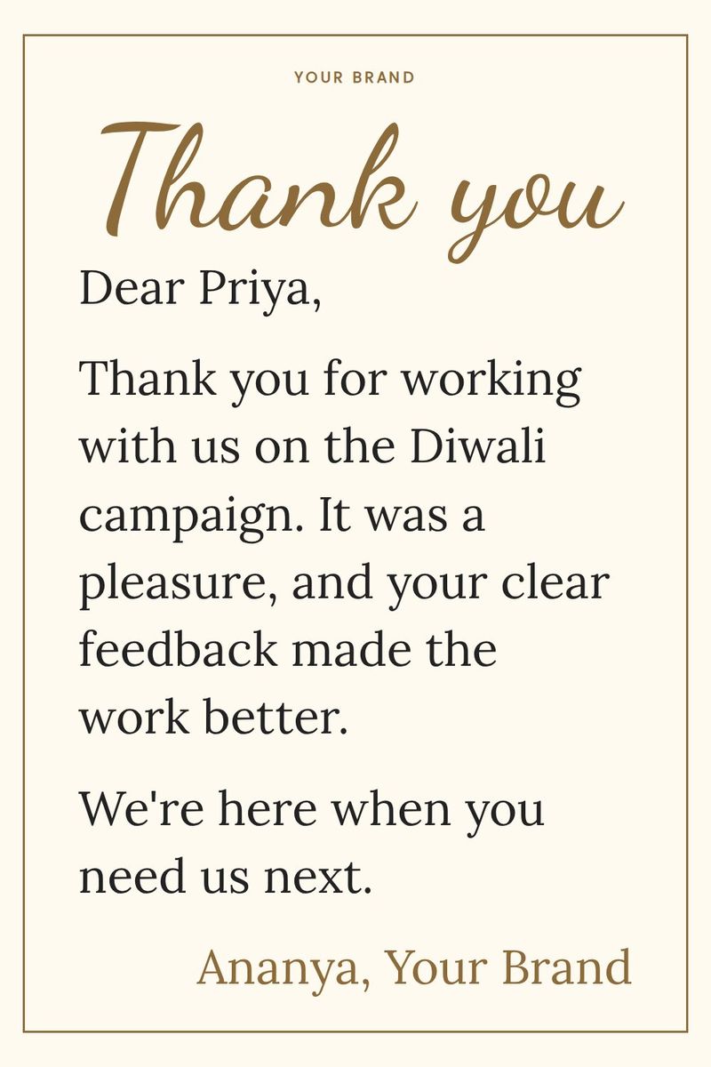 Thank you card for a client, cream with a gold border: "Thank you for working with us on the Diwali campaign."