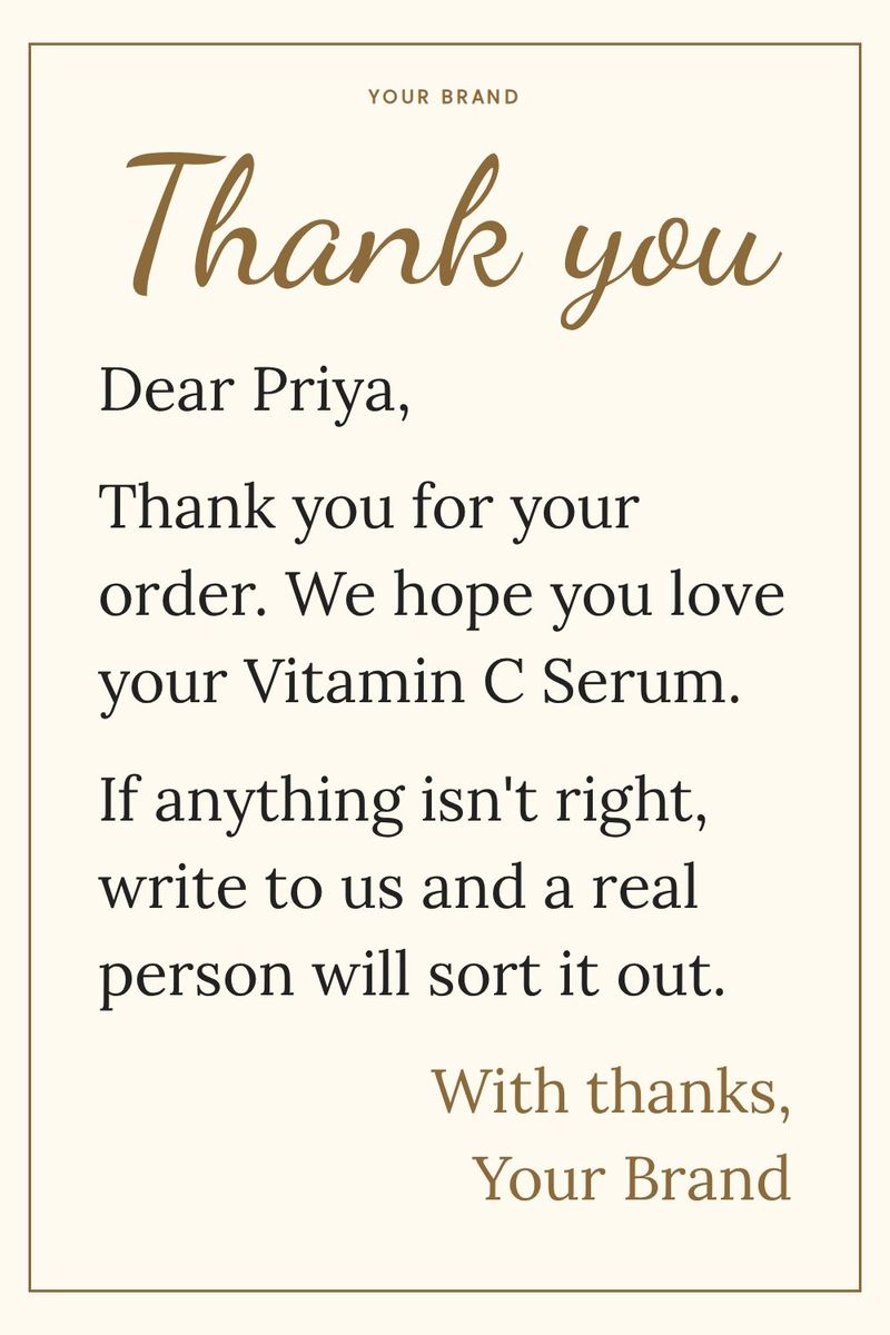 Thank you card for a customer purchase, cream with a gold border: "Thank you for your order, Priya. We hope you love your Vitamin C Serum."