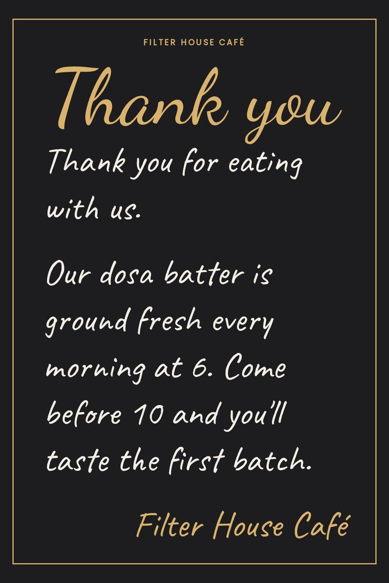 Thank you card for restaurant customers, chalkboard black: "Thank you for eating with us. Come before 10 and you'll taste the first batch."