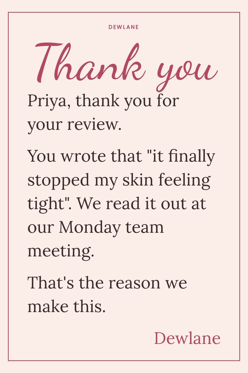 Thank you card for a customer review, blush pink: "You wrote that it finally stopped my skin feeling tight. We read it out at our Monday team meeting."