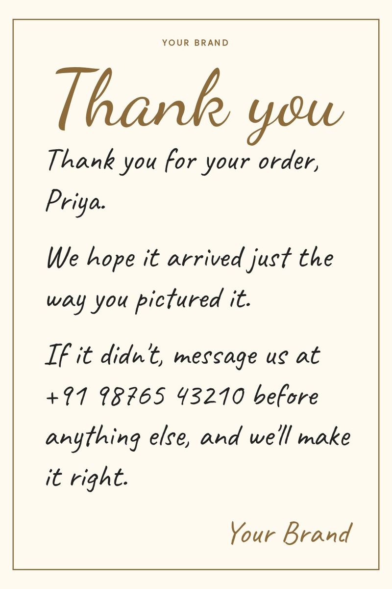 Thank you note for a parcel, cream card in handwriting: "We hope it arrived just the way you pictured it."