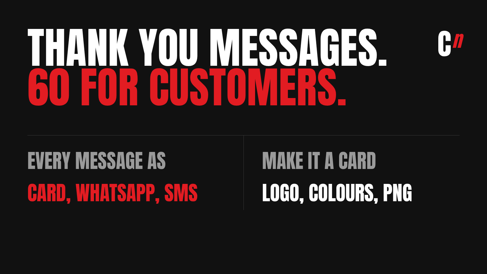 Thank you messages: 60 for customers. Every message as a card, WhatsApp and SMS, and a card maker with your logo and colours