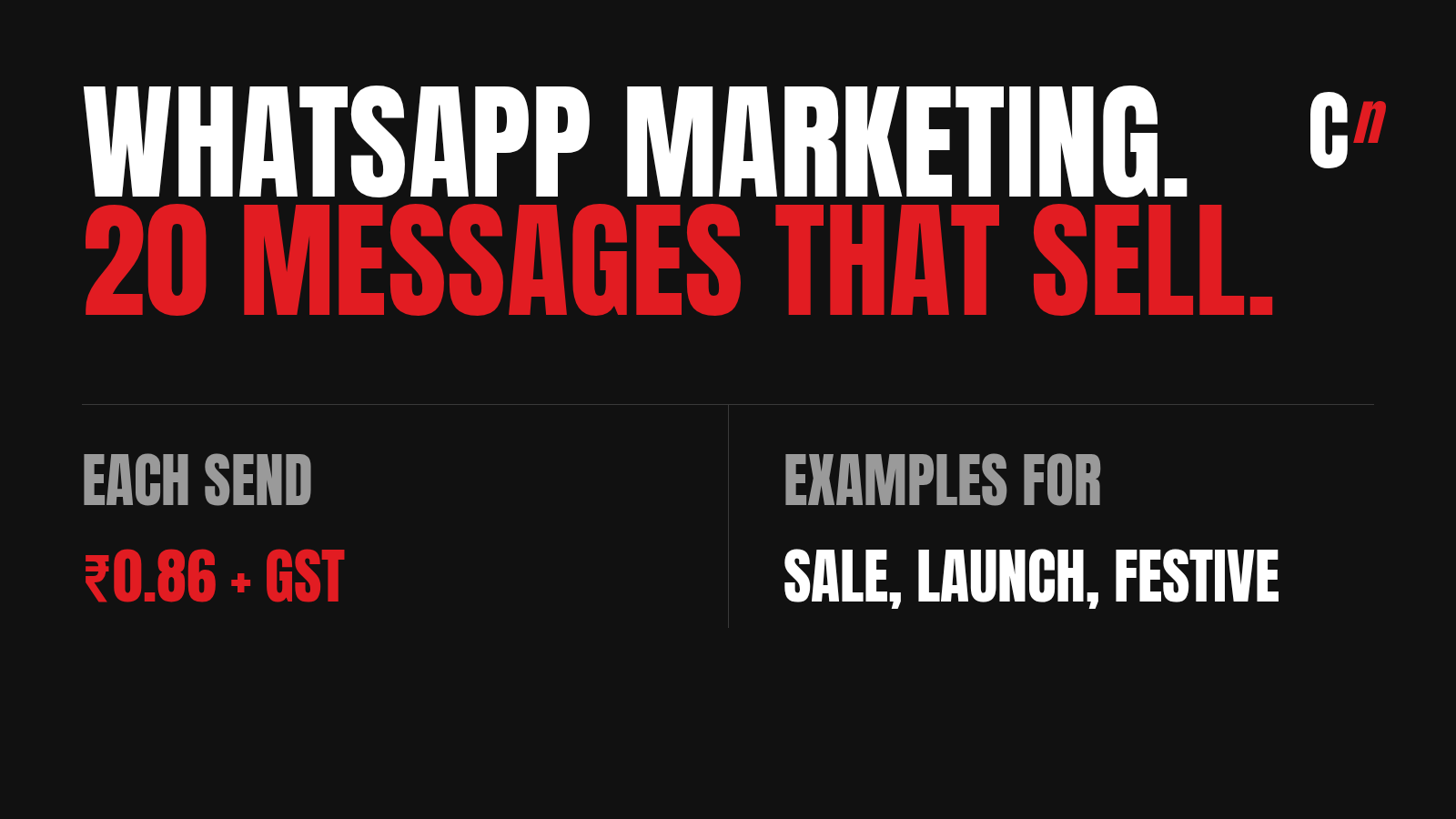WhatsApp marketing: 20 messages that sell. Each send costs about ₹0.86 plus GST, with examples for sale, launch and festive messages