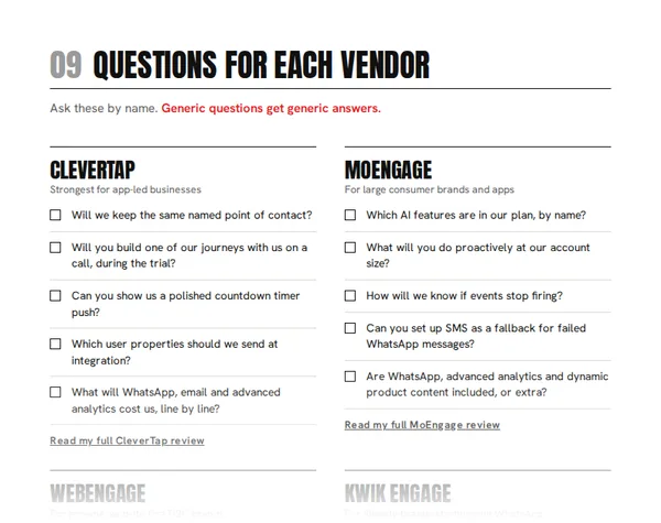 Page 6 of the checklist, the questions to ask CleverTap, MoEngage, WebEngage and Kwik Engage