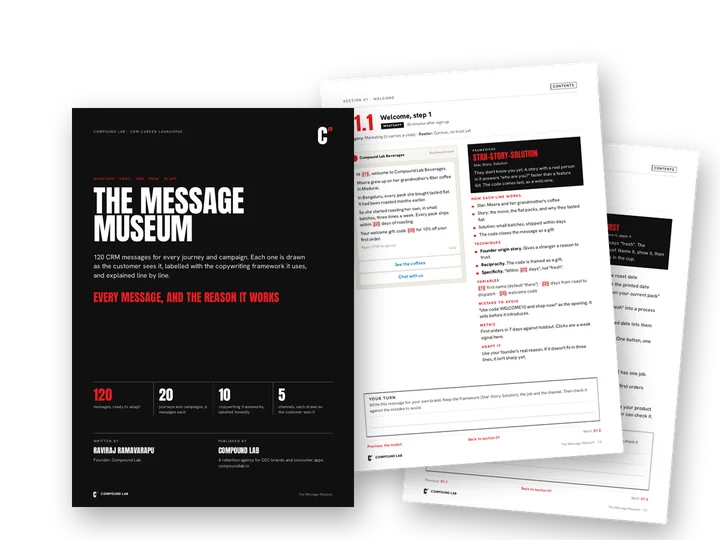 The Message Museum: the cover, a welcome WhatsApp message and a welcome email layout