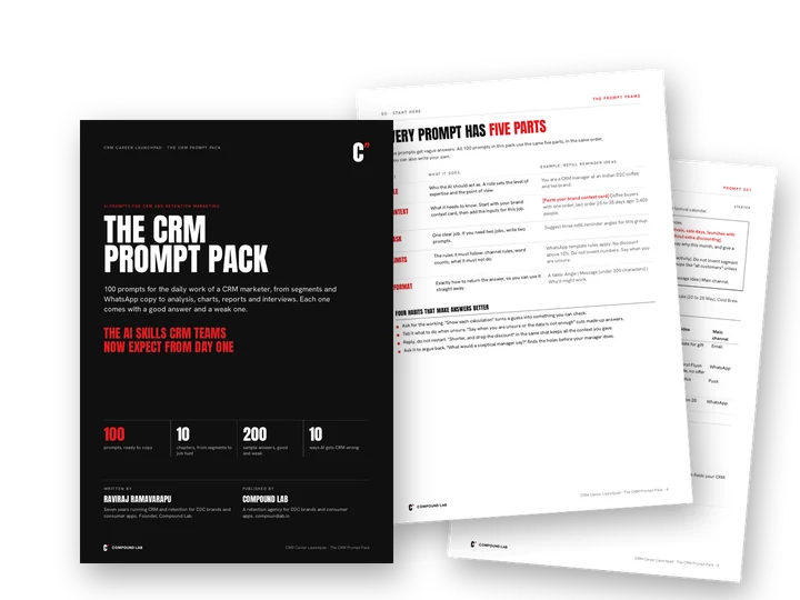 The CRM Prompt Pack: the cover, the five-part prompt frame and prompt 001 on finding segments worth messaging